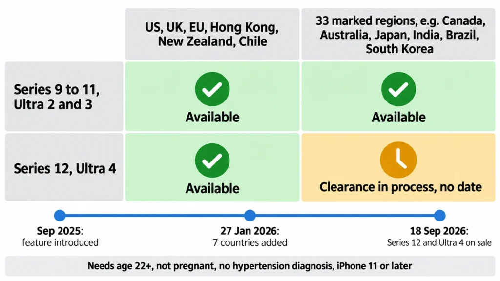 Diagram showing which Apple Watch models offer hypertension notifications in regions with and without the Series 12 and Ultra 4 clearance footnote.