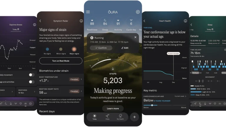 Five Oura App screens side by side showing daytime stress, symptom radar, the Today view with step count, heart health and sleep detail