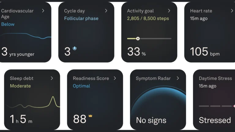Oura App tiles showing cardiovascular age, cycle day, activity goal, heart rate, sleep debt, readiness score, symptom radar and daytime stress