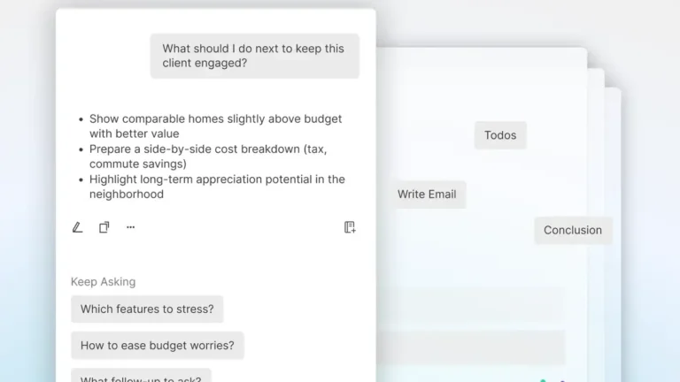 Plaud app Ask Plaud screen with a question about keeping a client engaged, three suggested actions and buttons for Todos, Write Email and Conclusion