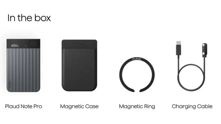 Plaud's in-the-box image: the Note Pro with its display lit, the black magnetic case, the magnetic ring and the magnetic charging cable with a USB-C plug
