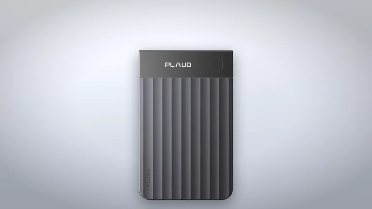 Black Plaud Note Pro standing upright, front view with the PLAUD logo and round button on the top panel