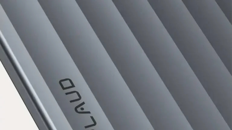 Close-up of the Plaud Note Pro's rippled aluminium back and edge with the PLAUD logo along one ridge