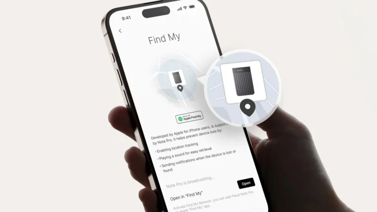 iPhone showing the Plaud app's Find My screen with a map pin on the Note Pro and a Works with Apple Find My badge