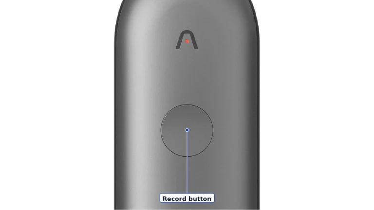 Close view of the black Plaud NotePin S from the front, showing the Plaud logo near the top and the round record button in the middle, labelled Record button