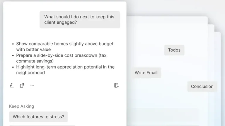 Plaud app interface showing an Ask Plaud chat about a recording, with a question, a bulleted answer and suggested follow-up questions, and cards labelled Todos, Write Email and Conclusion