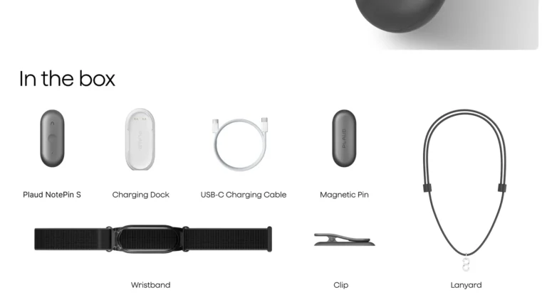 Contents of the Plaud NotePin S box laid out and labelled by Plaud: the recorder, a white charging dock, a USB-C charging cable, a magnetic pin, a wristband, a clip and a lanyard