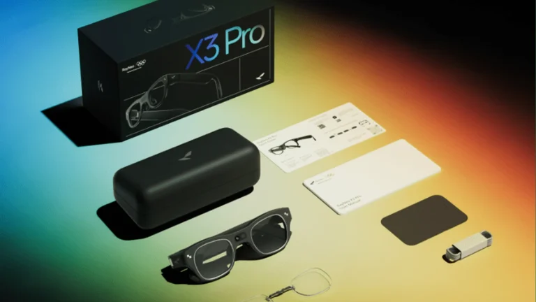 RayNeo X3 Pro box contents laid out: the glasses, a black carrying case, a USB-C cable, a cleaning cloth, a lens template, nose pads and paperwork