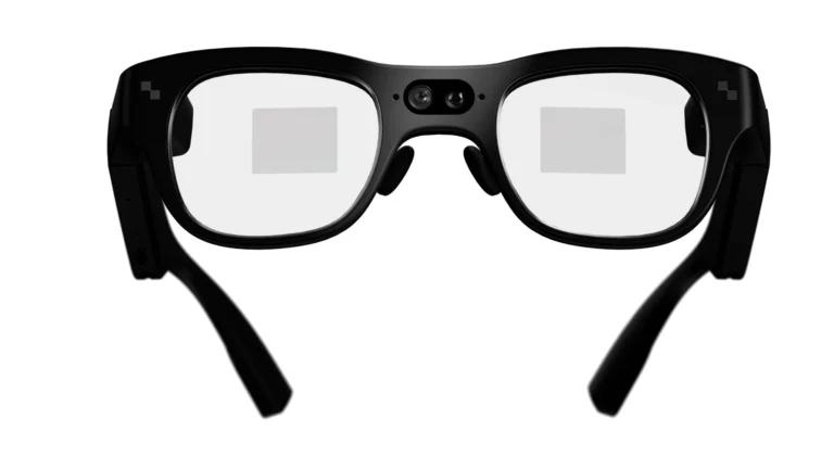 RayNeo X3 Pro seen from behind the lenses, with a light rectangle marking the display area in each lens and the two cameras in the bridge