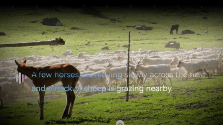 A field with a horse and a flock of sheep, overlaid with an AI caption reading that a few horses are moving slowly across the field and a flock of sheep is grazing nearby