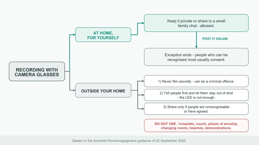 Decision diagram of when a camera glasses owner may record and share footage under the Dutch regulator's reading of the GDPR