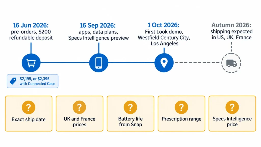 Timeline of Snap Specs from June pre-orders through the 16 September update and the 1 October Los Angeles demo to shipping expected in autumn, with open questions marked.