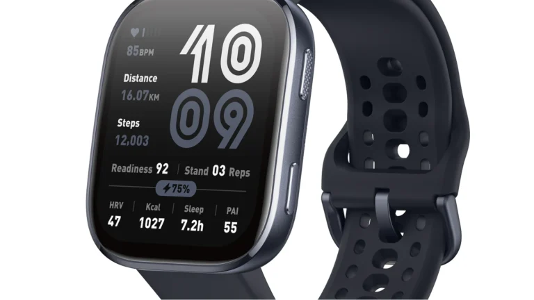 Close view of the Black Amazfit Bip 6 screen showing heart rate, distance, steps and readiness data, with the strap buckle beside it