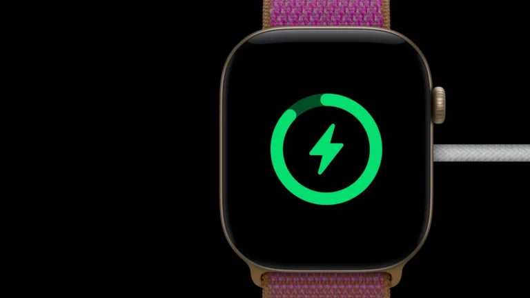 Apple Watch Series 12 on a black background showing a green charging ring with a lightning bolt, with a braided charging cable at its side