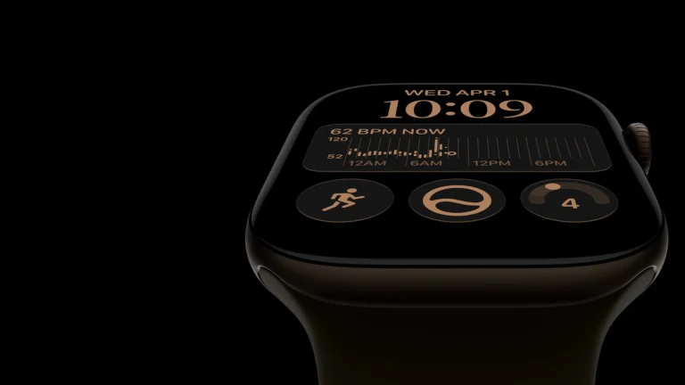Close view of an Apple Watch Series 12 with a dark case showing the date, 10:09, a 62 BPM heart rate chart and three complications