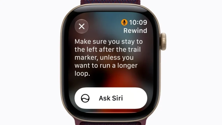 Apple Watch Series 12 screen showing a Rewind transcript about staying left after a trail marker, with an orange microphone indicator and an Ask Siri button