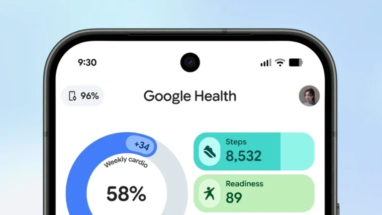 Google Health app home screen on a phone showing a weekly cardio ring, a step count and a Readiness score