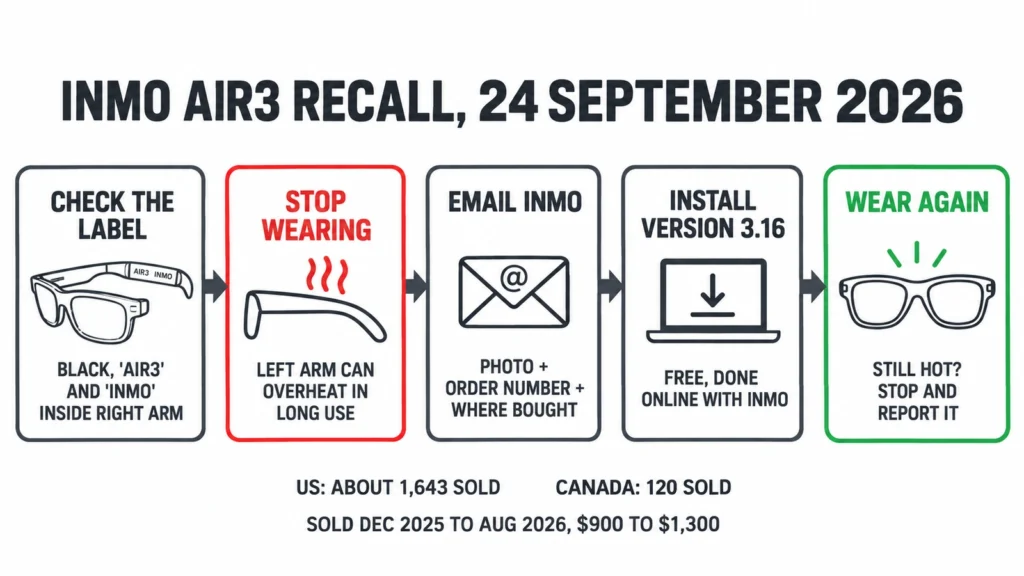 Flow chart of the INMO AIR3 recall: check the label inside the right arm, stop wearing, email INMO with a photo and order number, install version 3.16, then wear again