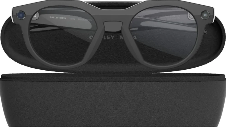 Oakley Meta HSTN glasses resting in their open black charging case