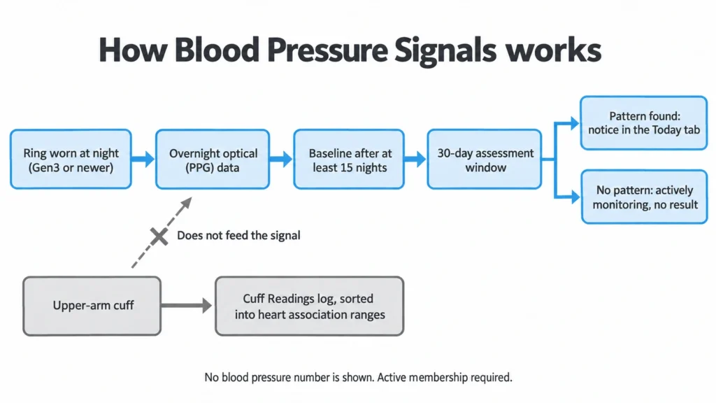 Flowchart of how Oura Health Radar turns 15 nights of ring data into a 30-day blood pressure signal, with cuff readings logged separately.