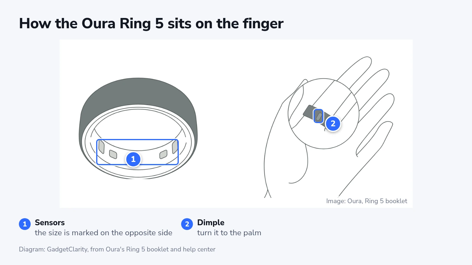 Oura line drawings of the Ring 5 showing the sensors inside the band and the dimple turned toward the palm
