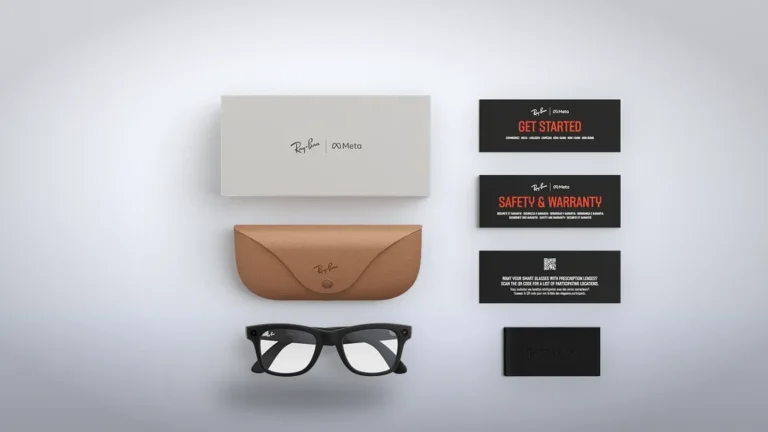 What comes in the Ray-Ban Meta Gen 2 box: the glasses, a tan charging case, the box and printed setup and warranty cards