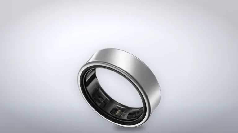 Galaxy Ring in Titanium Silver at an angle, showing the raised sensor bumps on the inside of the band