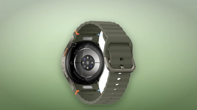 Back of the Samsung Galaxy Watch7 40 mm showing the round BioActive sensor array and the band buckle