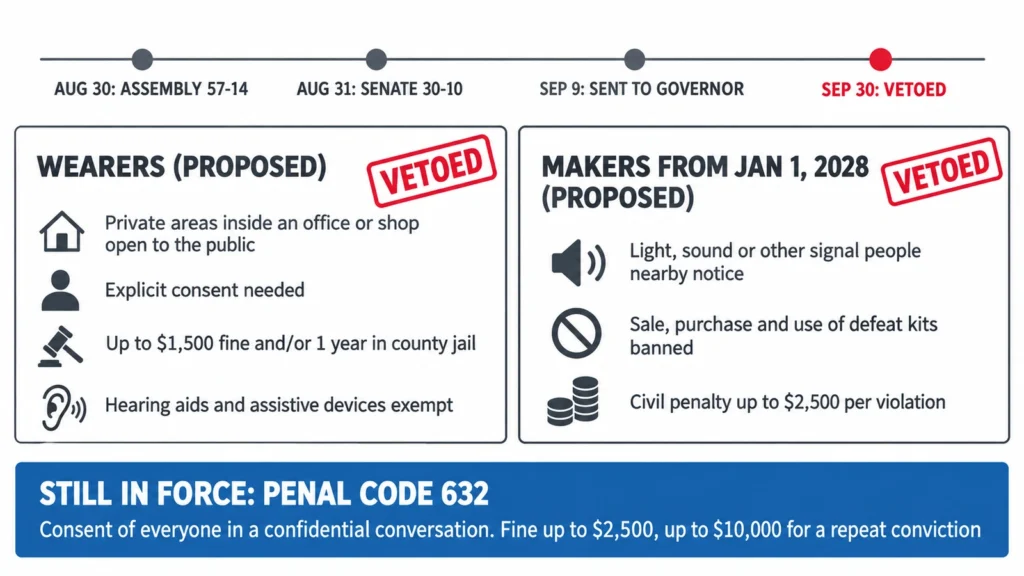 Diagram of California SB 1130 showing the wearer rules and the 2028 maker indicator rule that the September 30 veto stopped, beside the recording law that still applies.